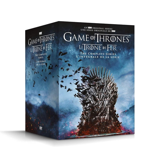 Game of Thrones: Complete Series (DVD) box set featuring the iconic Iron Throne on the cover, surrounded by flying crows against a dramatic blue and fiery background. The packaging includes bilingual text in English and French, highlighting 'The Complete Series' and 'L'intégrale de la série.'