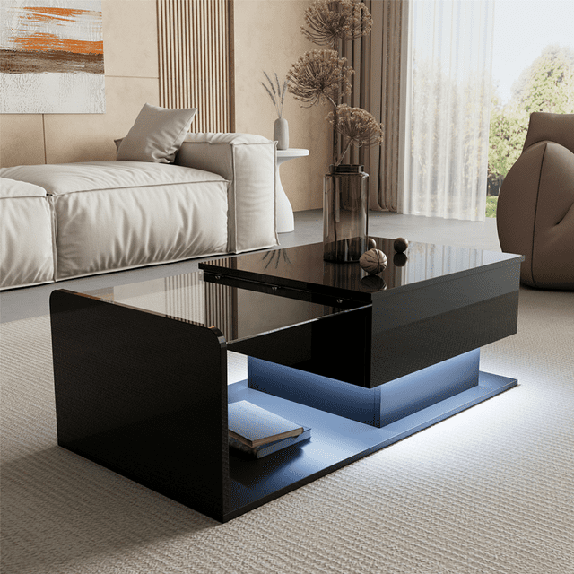 LED coffee table for living room in black with a high-gloss lift top design. The table features a tempered glass surface with polished corners for safety, a liftable tabletop supported by a damping gas rod for adjustable height, and a combination of hidden and open storage compartments. Equipped with an LED light strip controlled via a mobile app, offering 16 colours and 4 brightness modes to create a warm atmosphere. Constructed from E1 particleboard, the table measures 39.5 inches long, 19.5 inches wide, and 13 to 18.5 inches high, with a load capacity of 200 lbs. Displayed in a modern living room setting with neutral tones and accent decor.