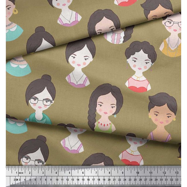 Soimoi Green Rayon Fabric Women Face Human Figure Print Fabric by Yard 42 Inch Wide