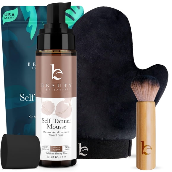 Self Tanner Tanning Mousse Kit - USA Made with Natural & Organic Ingredients, Tan Kit with Kabuki Brush & Mitt, Tanning Foam for Fake Tan, Non Toxic