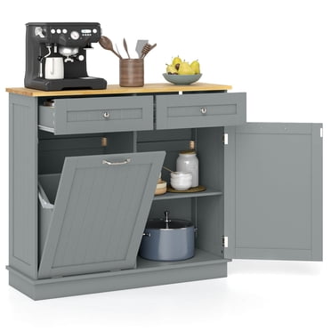 Costway Armoire à Déchets de Cuisine Basculante 15,5 Gallons Plateau en Bois de Caoutchouc 2 Tiroirs Tablette Gris