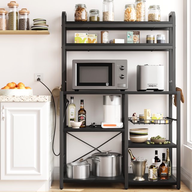 Ourlova Bakers Rack with Power Outlet, Coffee Bar with Wire Drawer, Industrial Microwave Stand 6-Tier Kitchen Storage Rack with Hutch