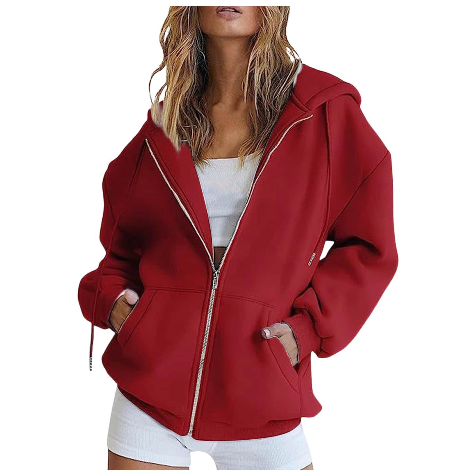 WEIYLL Hauts d'Été pour Femmes, Manteau à Capuche à Manches Longues avec Fermeture Éclair, Poche, Chandail en Molleton Rd2, Tailles P