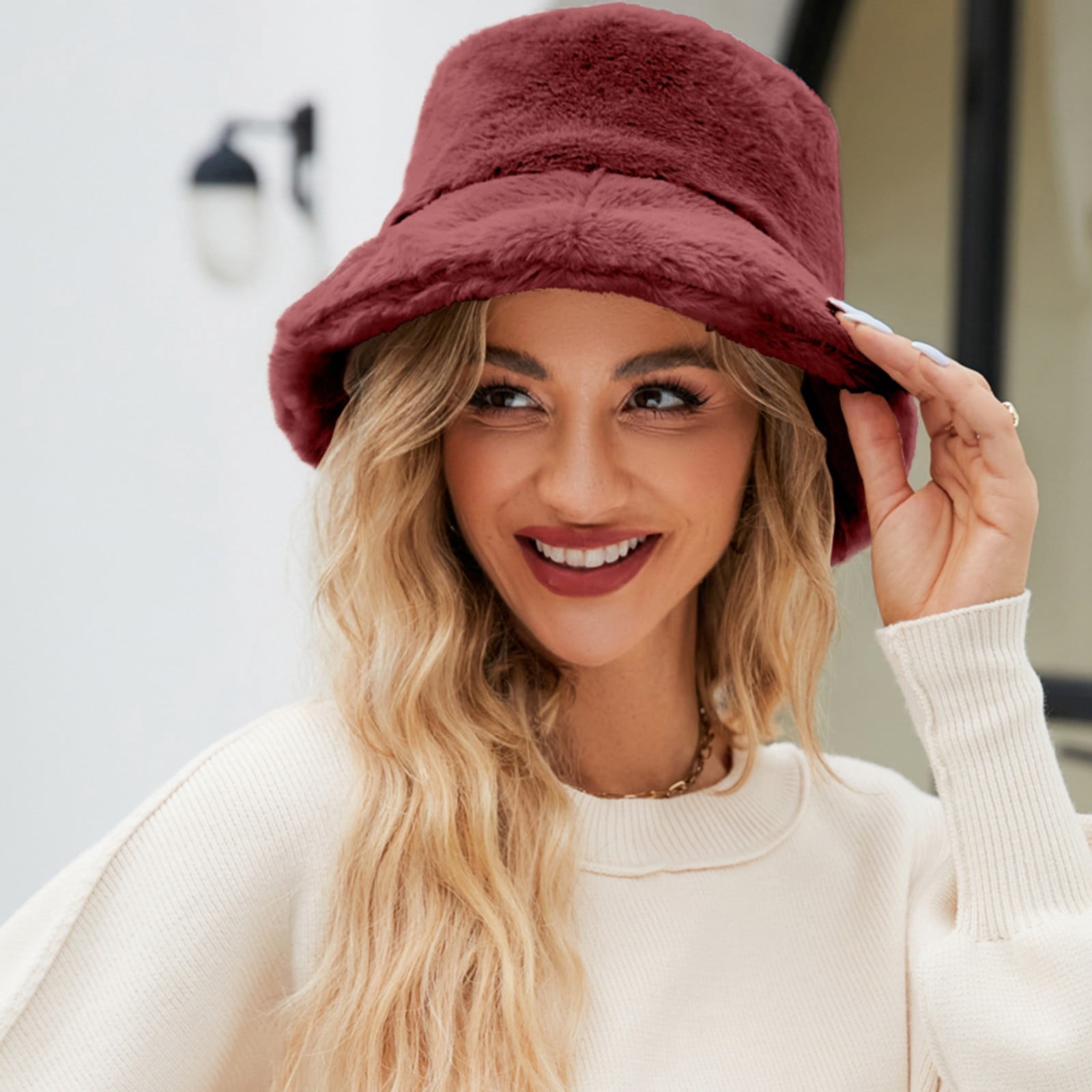 Up To $10 Bucket Hats Pink Fuzzy Bucket Hat for Women Faux 