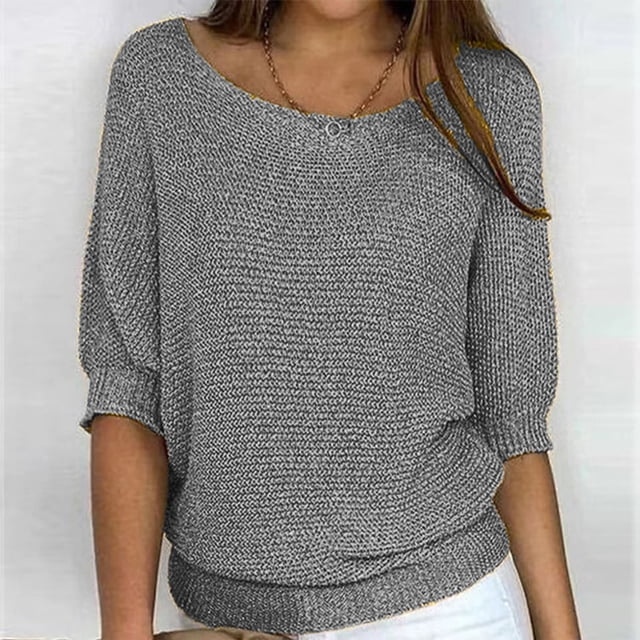 Qertyioot Chandail pour Femme Grande Taille Col Rond Tricot Élégant Manches 3/4 Chemise Confortable