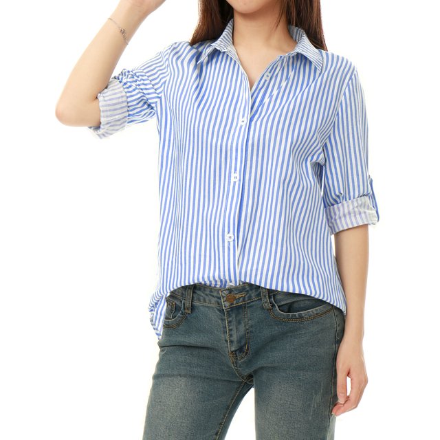 INSPIRE CHIC Chemises pour Femmes à Boutons, Manches Longues Retroussables, Col à Revers, L Bleu Pâle
