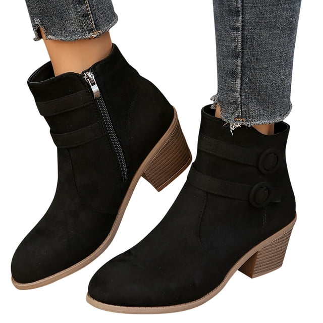 LSLJS Women's Retro Chunky Heeled Ankle Boots Double Buckle Strap Side Zipper Boots Comfortable Short Boots, Work Boots