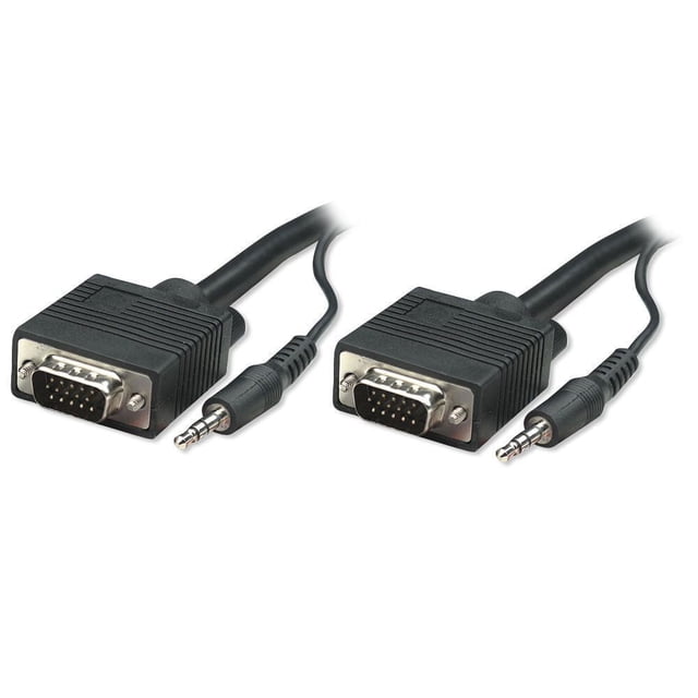 SVGA Cable MM with Audio - 50ft, BK with two black cables each having a 15-pin HD15 male connector and a built-in 3.5 mm stereo male audio plug, heavy-gauge PVC jacket, fully shielded to reduce EMI interference, suitable for connecting desktop or notebook computers to monitors with built-in speakers.
