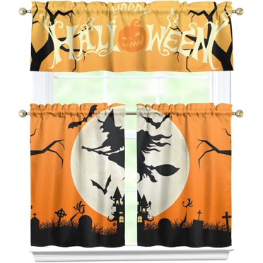 Halloween Kitchen Curtains Ghost Witch Curtain for Dining Room Tier Curtains Halloween Pocket Window Drapes Set of 3 Curtains for Kitchen Decor
