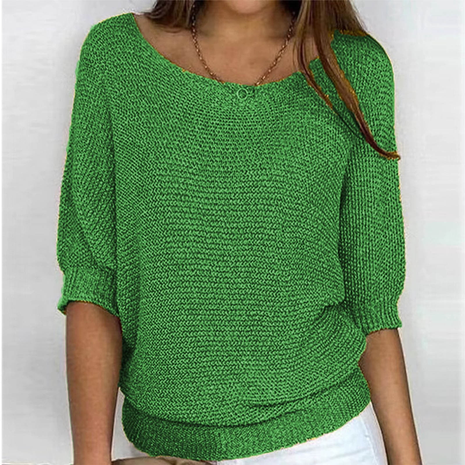 Qertyioot Chandail pour Femme Grande Taille Col Rond Tricot Élégant Manches 3/4 Chemise Confortable