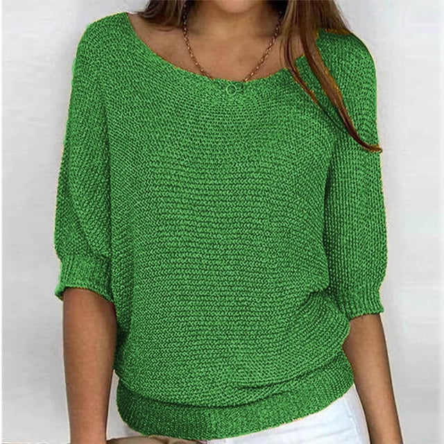 Qertyioot Chandail pour Femme Grande Taille Col Rond Tricot Élégant Manches 3/4 Chemise Confortable