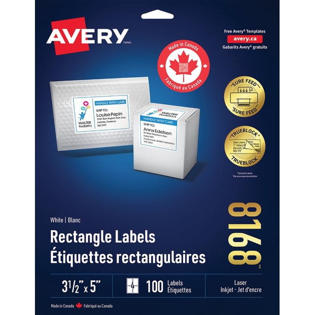 Avery White Rectangle Labels with Sure Feed Technology and TrueBlock, 3 ½" x 5", pack of 100 labels for laser and inkjet printers, shown on blue packaging with sample labels on a padded envelope and a box, made in Canada, suitable for mailing, shipping, and product labeling.