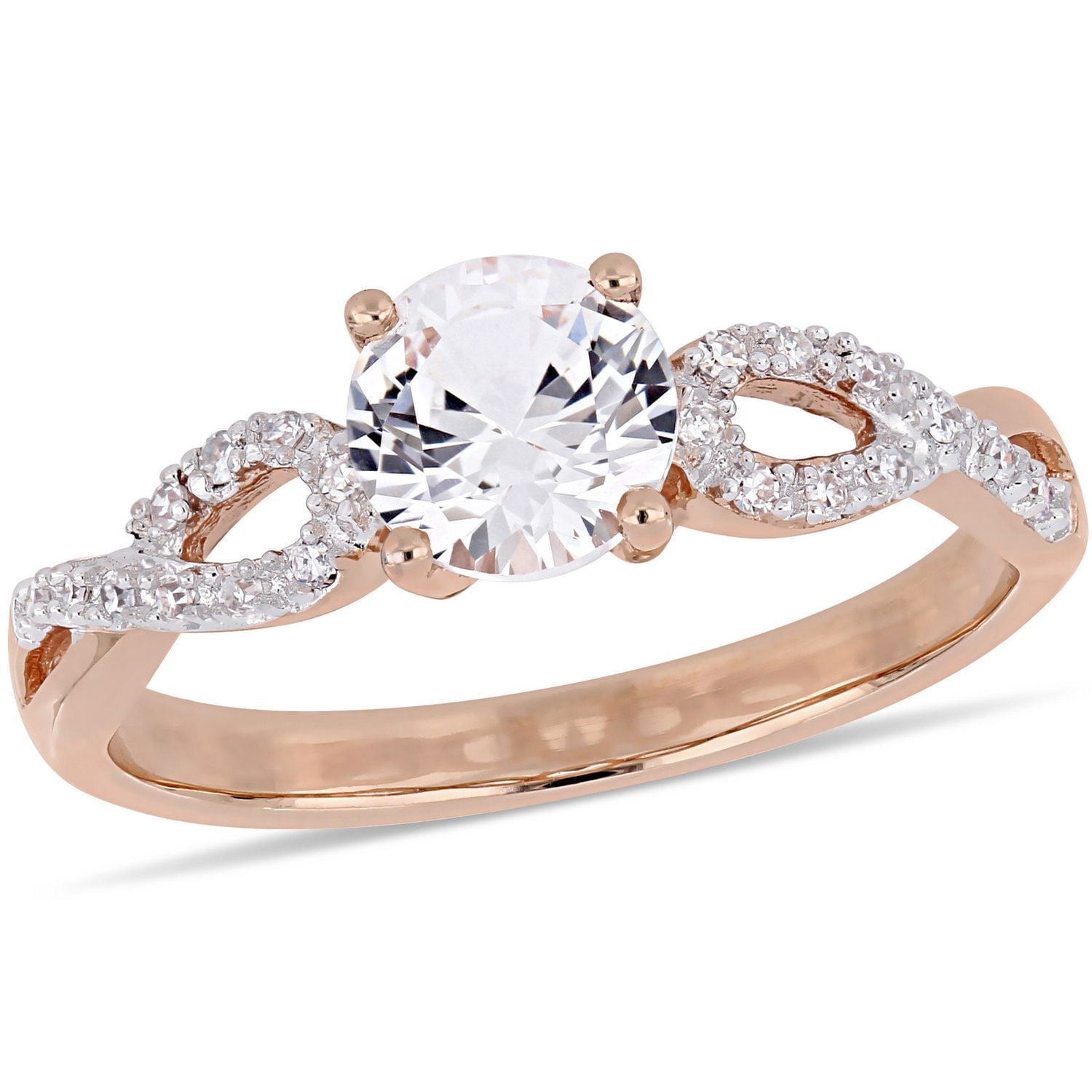 Bague de fiançailles de style infini Miabella avec saphir blanc synthétique 1 CT PBT et diamants 1/10 CT poids total en or rosé 10K