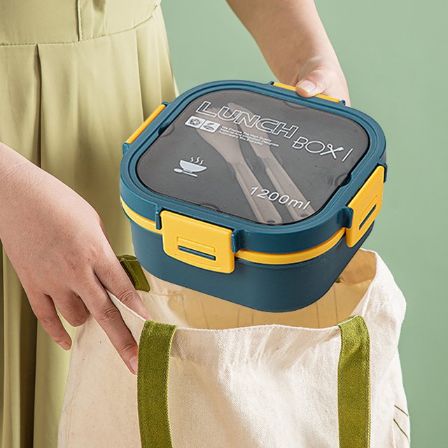 EGNMCR Lunch Box Kids, Bento Box Adult Lunch Box with 1200ML capacity and 5 compartments, shown in blue with yellow accents. Features a built-in reusable spoon and leak-proof design, ideal for portion control and keeping food separated. Compact and portable, suitable for kids, adults, and toddlers. BPA-free, microwave and dishwasher safe, and perfect for kitchenware or lunch containers.