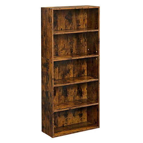 VASAGLE Bookshelf, 5-tier open bookcase with adjustable storage shelves in rustic brown. Made of particleboard, it measures 23.6 inches wide, 9.4 inches deep, and 52.7 inches tall. Each shelf supports up to 22 lbs and features adjustable heights for versatile storage. Includes an anti-tip kit for safety.