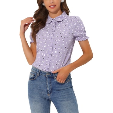 INSPIRE CHIC Chemise Imprimée à Col Peter Pan Boutonnée à Manches Bouffantes pour Femme Rentrée des Classes Violet Floral TP