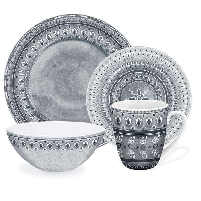 Safdie & Co. Luxury Premium Porcelain Tableware Dishware Dinnerset 16 Piece Set Santa Fe with dinner plate, salad plate, bowl, and mug featuring grey and white floral and geometric patterns on textured porcelain, microwave and dishwasher safe, stackable for easy storage, suitable for everyday use and special meals.