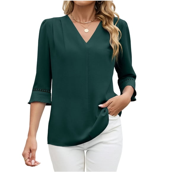 Pisexur Tops for Women Fashion 3/4 Sleeve Womens Tops Summer Ruffle Sleeve Pleated V-Neck Blouses for Women Business Casual Work Blouses Office Shirts S-2XL,Green