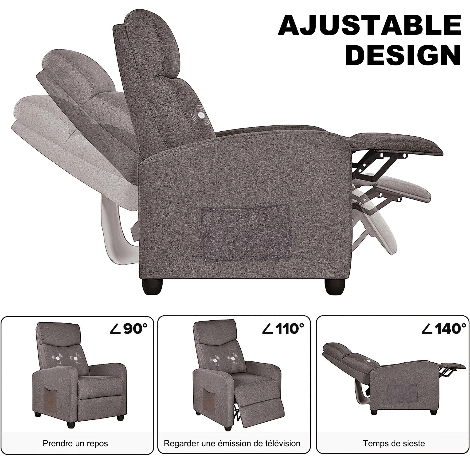 Fauteuil inclinable de massage Comhoma en tissu avec repose-pieds, gris, à inclinaison par poussée arrière