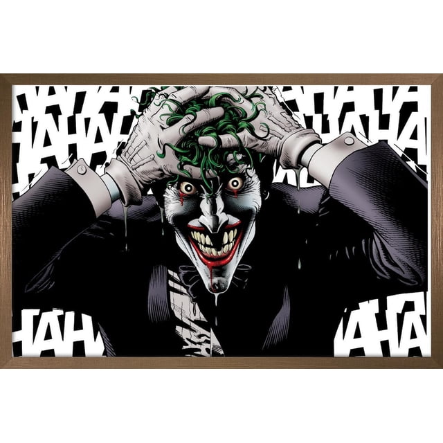 DC Comics - The Joker - Affiche Murale Folle, 22,375 Pouces x 34 Pouces Montrant une Impression d'Art de Bande Dessinée Encadrée du Joker avec des Cheveux Verts et une Peinture de Visage Blanc, Portant un Complet Noir et des Gants, Serrant la Tête avec un Grand Sourire et des Lèvres Rouge Sang, sur un Fond Blanc Rempli de Texte Noir Répétitif « HA HA ». Cette Pièce de Déco Murale Encadrée Ajoute un style de Bande Dessinée Audacieux aux Chambres, Bureaux Ou Dortoirs