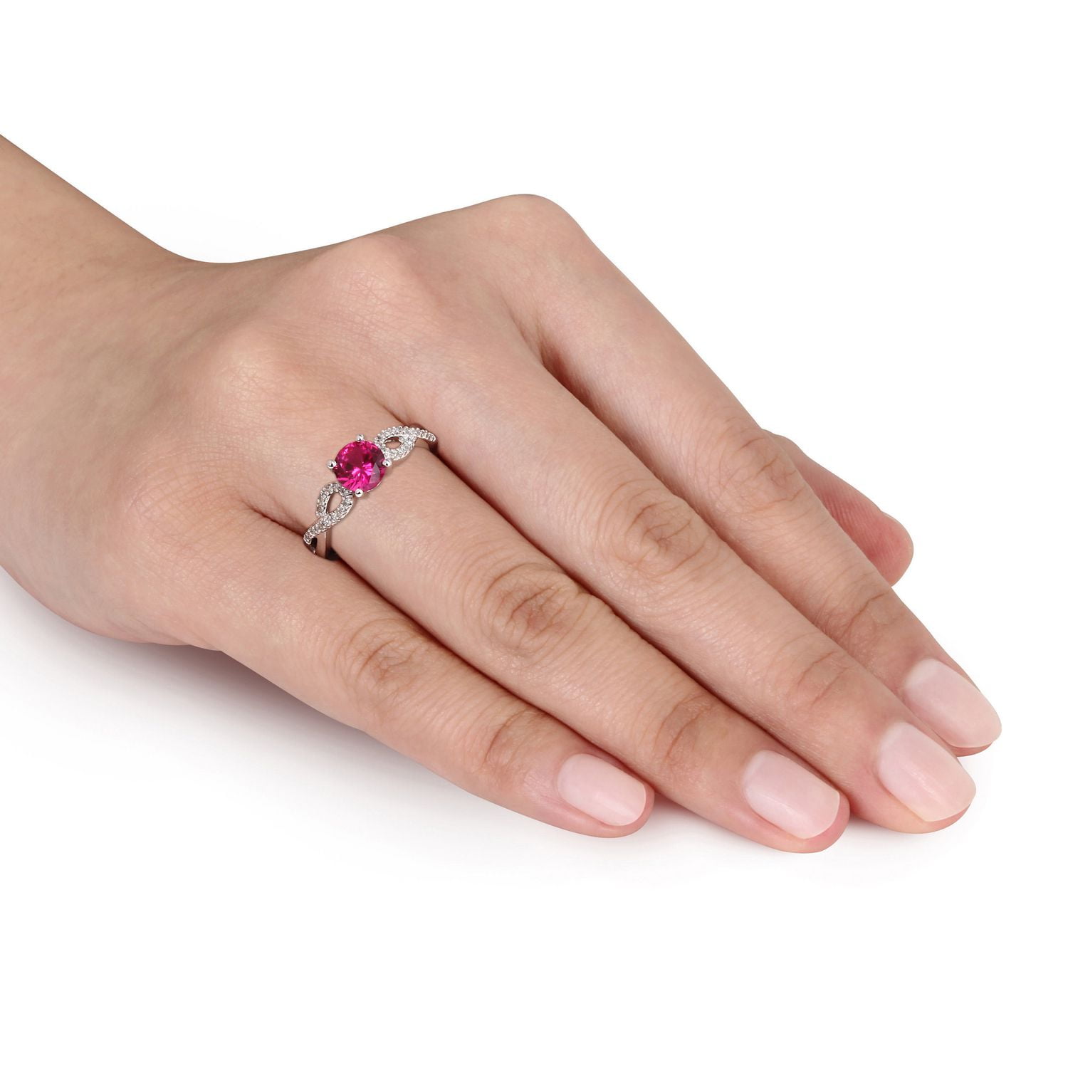 Tangelo 1 Carat T.G.W. Created Ruby And 0.10 T.W. Diamond 10 K White Gold Cross-Over Ring