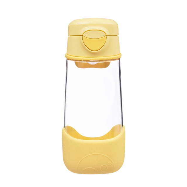 b.box Sport Spout Bottle in Lemon Twist color with a 450ml capacity. The bottle features a unique ergonomic triangular design, a silicone spout for easy flow drinking, and a flip-top lid with a large push button for convenience. Made from durable Tritan™ material, it includes a removable bumper for added protection and a flexible handle for easy carrying. Ideal for active kids, it is lightweight, leak-proof, and dishwasher safe.