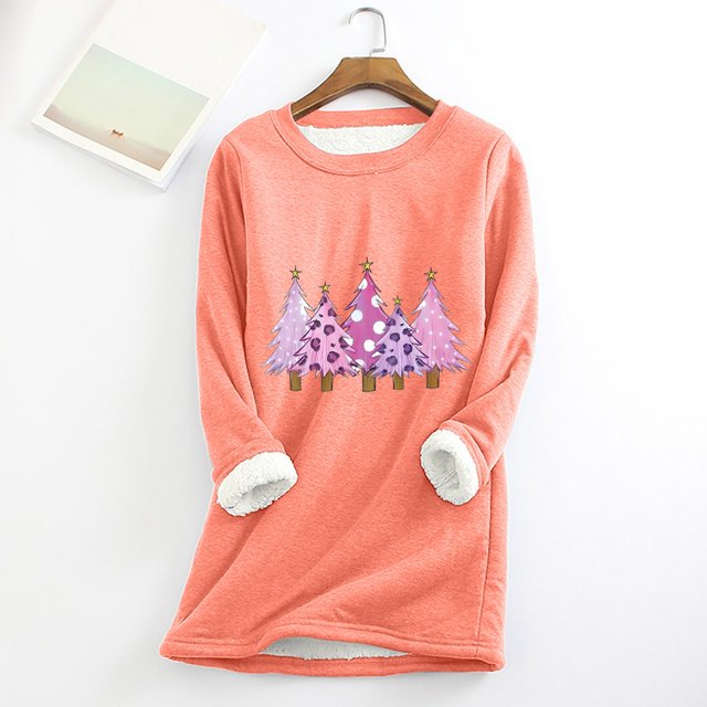 Meihcang Chandails en Molleton pour Femmes Grande Taille Graphique Arbre de Noël Col Rond Chandail d'Hiver Chaud Doublé Sherpa