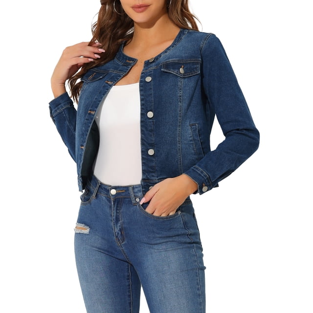 INSPIRE CHIC Veste en Denim Courte Sans Col à Manches Longues Boutonnée pour Femme Bleu Foncé S