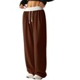thumbnail image 2 of Women'S Contrast Color Waistband Sweatpants Wide Leg Pants with Drawstring Buckle Brown L, 2 of 8