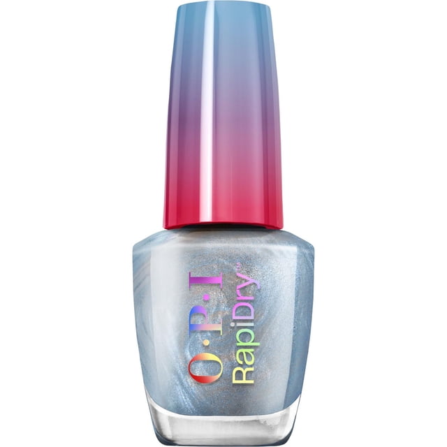 RapiDry™ Quick-Dry Nail Lacquer by OPI in holographic silver with a gradient blue-to-red cap, featuring a Speedy Rush Brush for fast, smudge-proof drying and up to five days of wear, suitable for quick nail care routines.