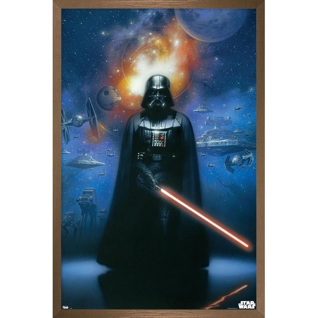 Star Wars : Saga - Vader dans l'Espace Affiche Murale, 22,375 Pouces x 34 Pouces Affiche Encadrée Montrant Darth Vader avec un Sabre Laser Rouge sur un Fond d'Espace Étoilé avec des Planètes, l'Étoile de la Mort, des Combattants TIE, des Destructeurs d'Étoiles et des Marcheurs AT-AT, Encadrée en Bois et Adaptée à la Déco Maison.