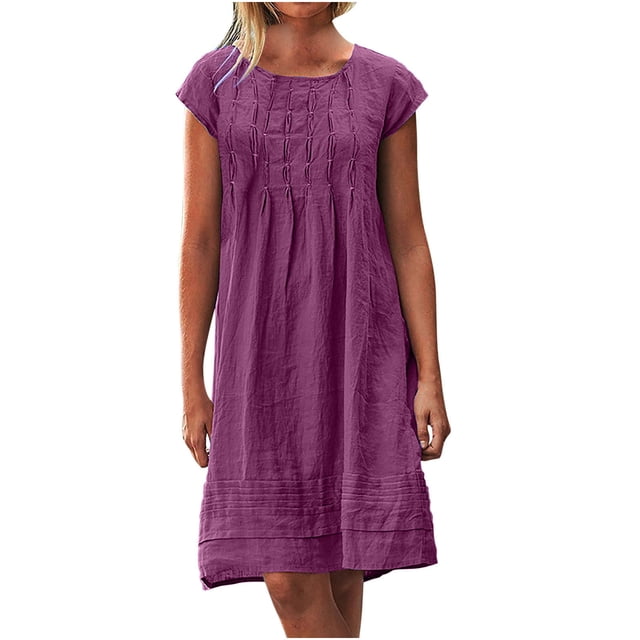 EQWLJWE Robes d'Été pour Femmes 2023 Mode pour Femmes Coton et Lin Col Ras du Cou Ample Manches Courtes Robe Mini Unie