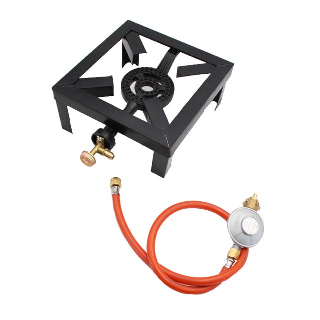Portable propane stove with a heavy-duty cast iron burner, shown in a square frame design. Includes an orange high-pressure hose and adjustable regulator for propane tank connection. Ideal for outdoor camping, BBQs, and cooking activities. Dimensions are approximately 24.5 x 24.5 x 11 cm.