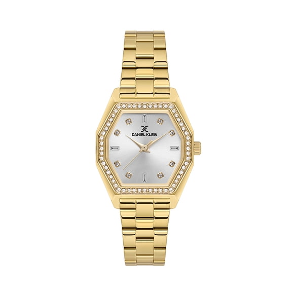 Daniel Klein Montre pour Femme, Montre Analogique en Métal Octogon 28 mm, Quartz Japonais, Bracelet en Acier Inoxydable - Incrustée de Pierres Précieuses - Or