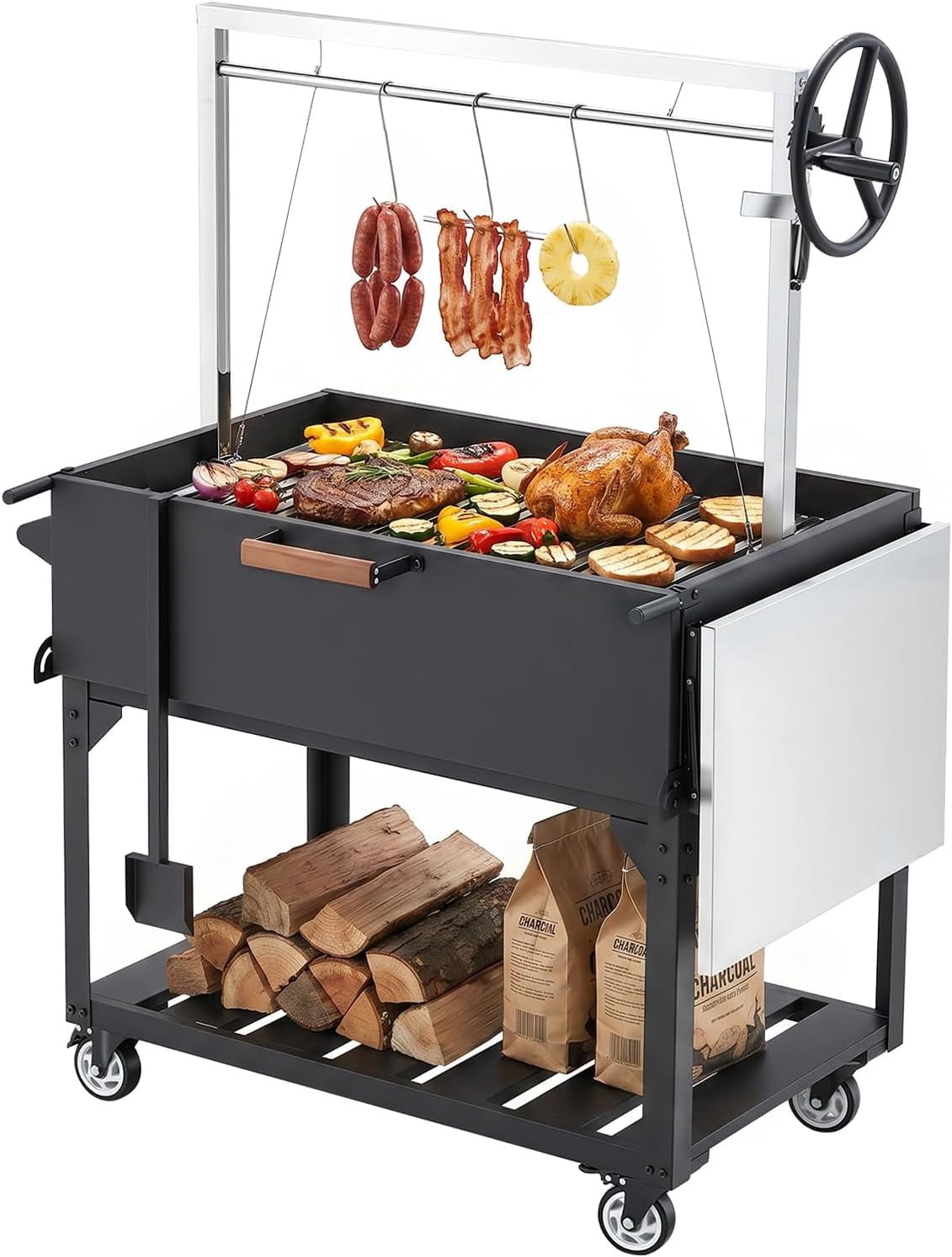 YODOLLA Argentine Santa Maria Wood & Charcoal Open Fire Grill, Thickened Stainless Steel Chamber Grill with Adjustable Cranking System, Rustic Style Outdoor Barbecue Grill for Backyard Patio Cooking