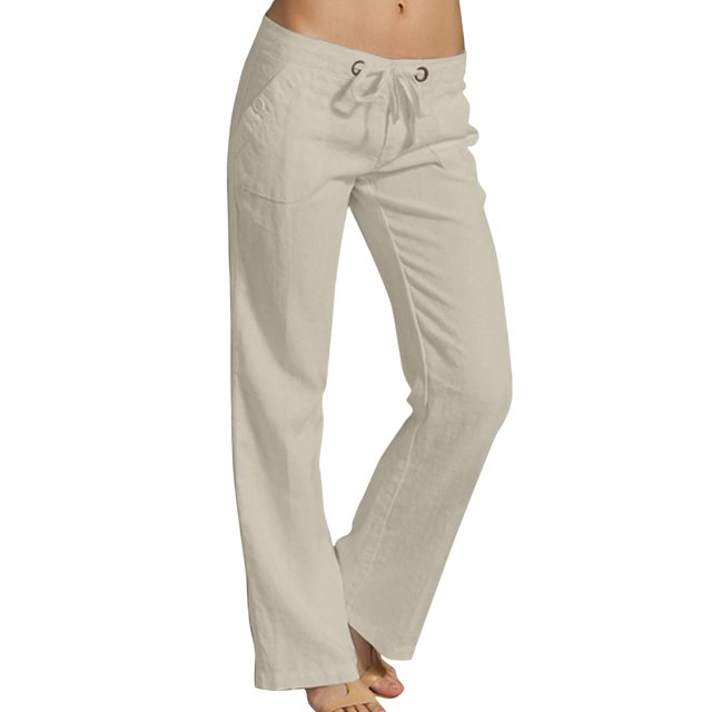 MAWCLOS Women Lounge Pant Mid Waist Pants Solid Color Bottoms Loose Fit Work Straight Leg Trousers Apricot L