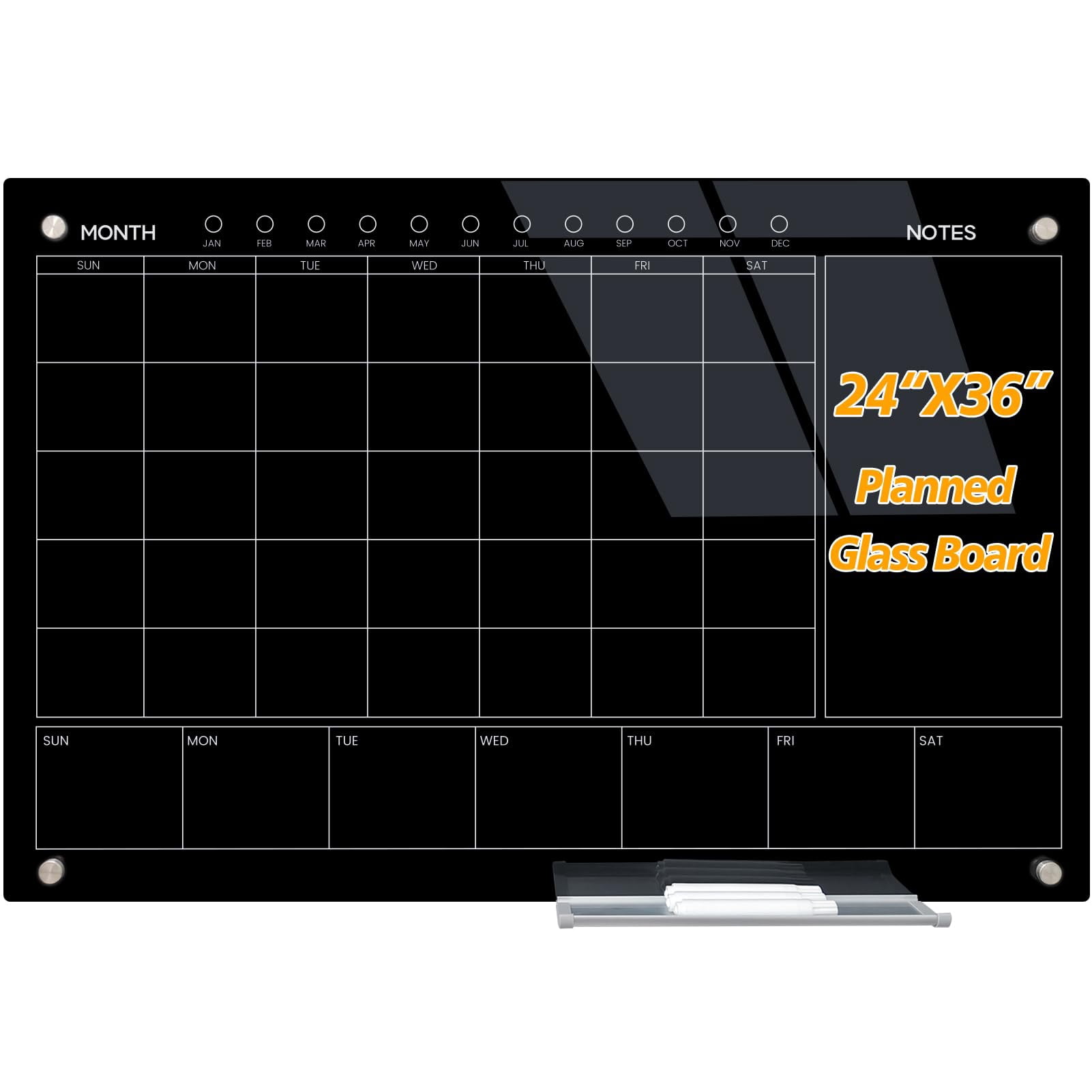 JYYPWB Magnetic Glass Whiteboard 36X24 Monthly Planner Calendar Dry Erase Board for Home, School, Office, Frameless, with Markers, Marker Tray, Erase