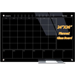 JYYPWB Tableau blanc en verre magnétique 36X24 Planificateur mensuel Planificateur à sec pour maison, école, bureau, sans cadre, avec marqueurs, bac de marquage, effacement