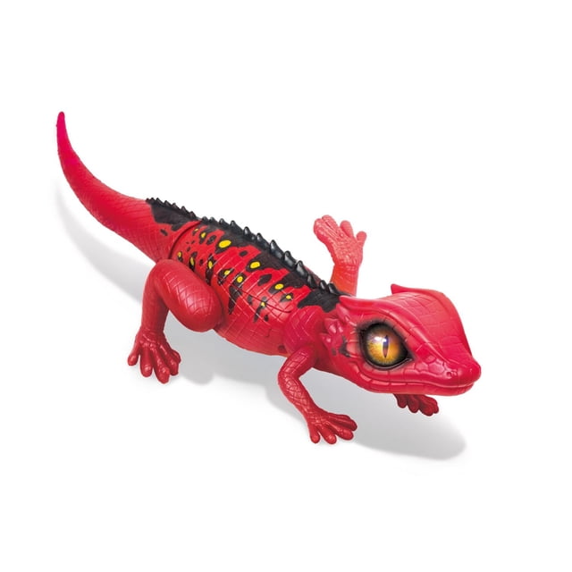 Robo Alive Lurking Lizard Battery-Powered Robotic Toy by ZURU in a 3/4 profile showing a red textured plastic lizard with black and yellow spots on its back, large realistic orange eyes, and articulated legs and tail, designed as an electronic pet toy on a white background.
