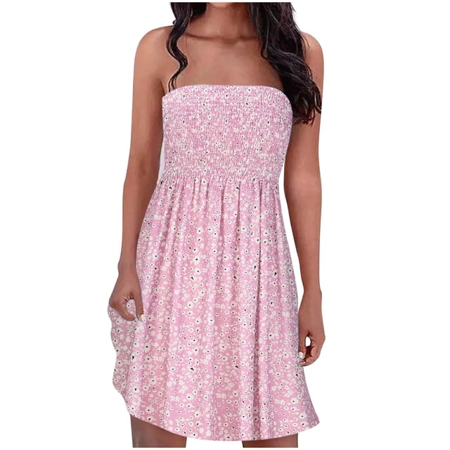Pompotops Robe Sans Bretelles à Bande Élastique Style Bohème pour Femme Robes Robe Sans Manches à Imprimé Floral