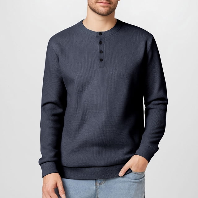 Mens Button Up Shirts Long Sleeve Waffle Knit Crewneck T-Shirt Casual Solid Color Pullover Henley Tops