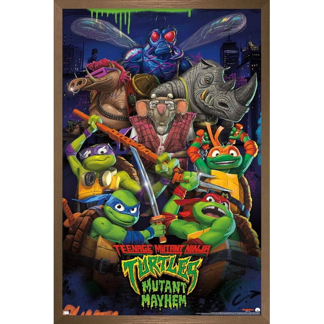 Teenage Mutant Ninja Turtles: Mutant Mayhem - Affiche Murale de Groupe Mettant en Vedette Leonardo, Donatello, Michelangelo et Raphael avec Leurs Armes, aux Côtés de Splinter, Bebop, Rocksteady et un Grand Personnage à Mouche Bleue, dans un Paysage Urbain Sombre avec graffiti Néon, Imprimée sur Papier d'Affiche Lustré, Parfaite pour l'Art Mural et la Déco de Chambre.