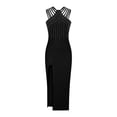 thumbnail image 4 of Robes Noires pour Femmes Couleur Unie Sans Manches Robe Douce Grande Taille Col Rond Coupe Ajustée Tendance Cocktail Formelle Robe de Bal Maxi Mode Élégante Portefeuille Fendue Blouse Froncée Ourlet Droit Robe,S, 4 of 7