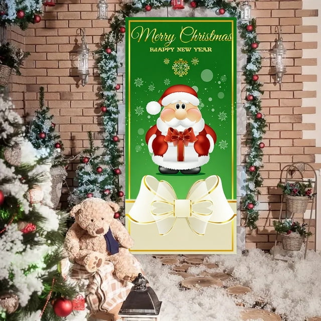 Christmas Door Curtain Flag Outdoor Photo Santa Claus and Puppy Background Decoration Hanging Fabric 185x90cm Front Door Cover for Home Entryway Indoor Living Room Christmas Tree Gifts Merry