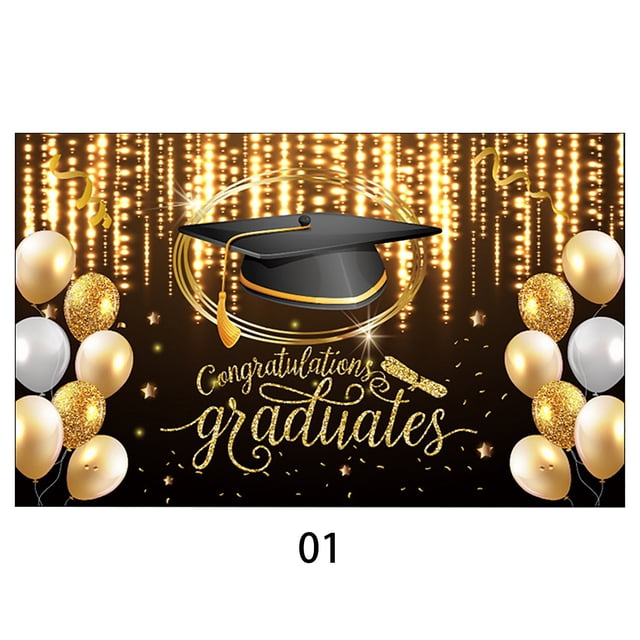Decorative Flags, 2025 Class Graduation Photography Black and Gold Bachelor Cap Balloon Grad Congrats Banner Background Congrats Grad Prom Banner Background, Flags_ Banners & Accessories