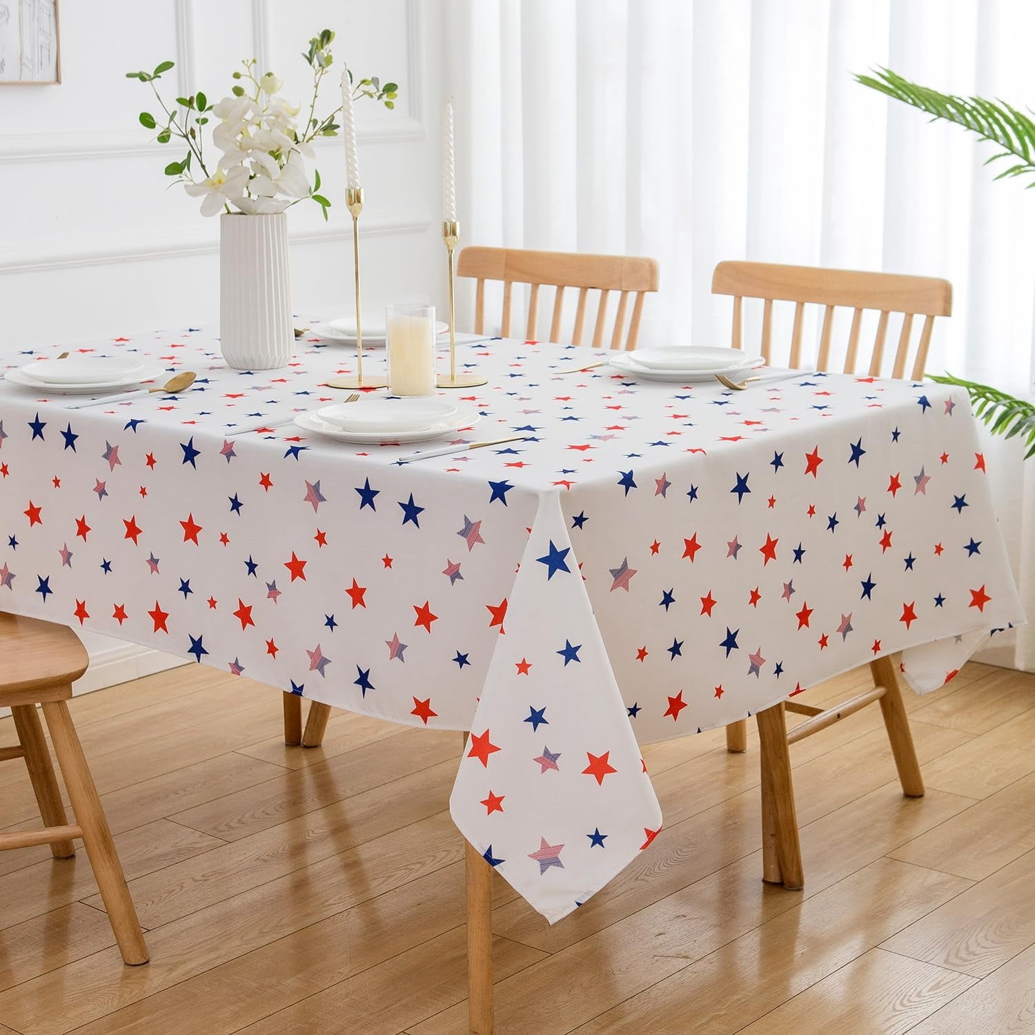 4th of July Tablecloth 60" X 84" Rectangle Patriotic Tablecloth - Red Blue Stars White Oblong Polyester Table Cover Reusable Water Resistant Independence Day Holiday Picnic Party Table Décor