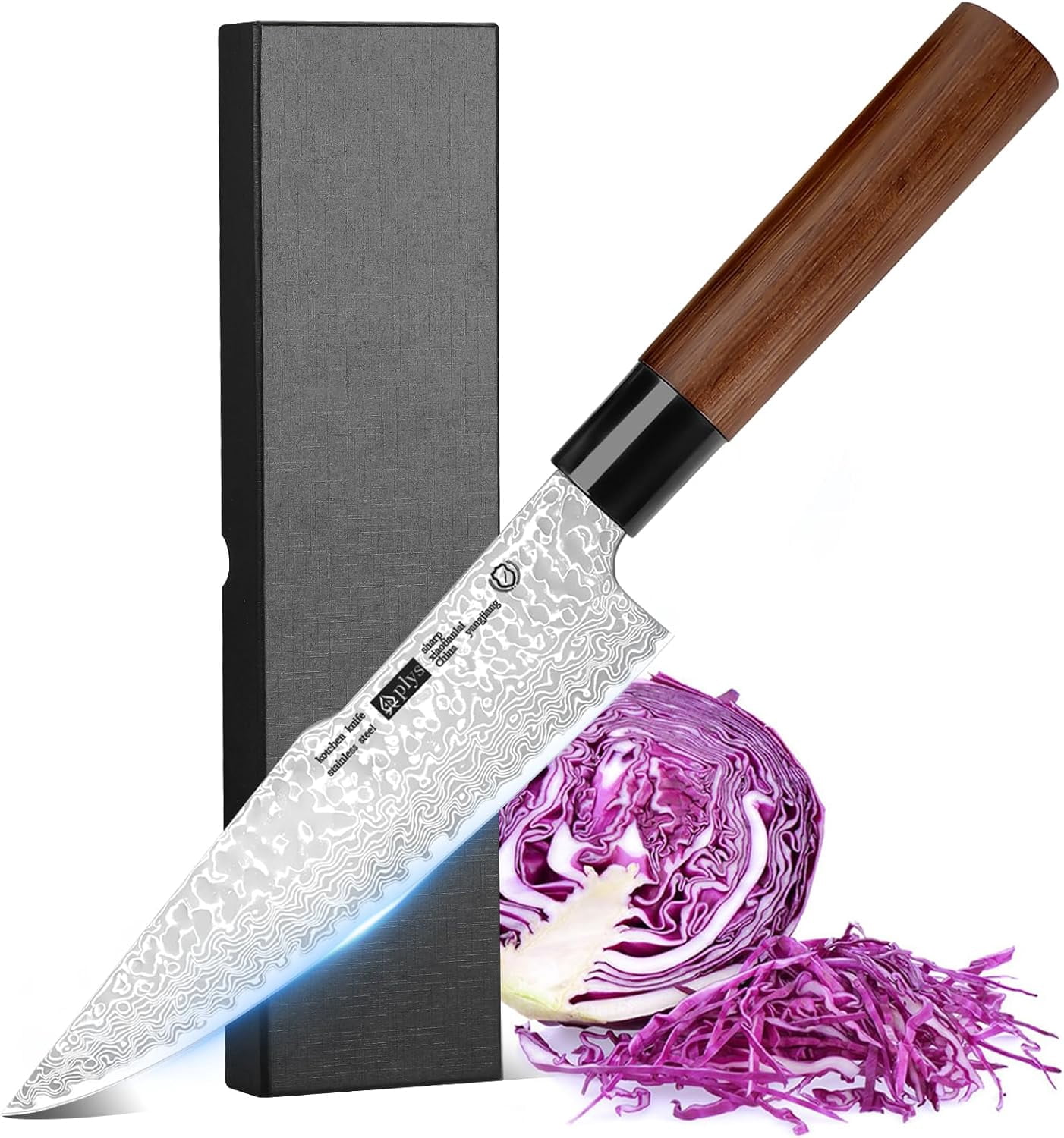 Plys Japanese Chef Knife - 8 Inch Damascus Kitchen Knife, Non-Slip Razor Ultra Sharp Knife with Ergonomic Handle