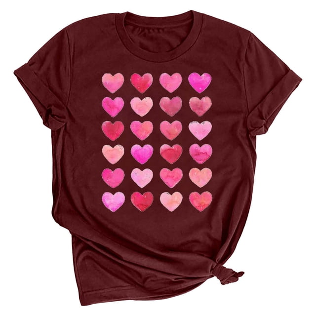 Meichang T-Shirts Cœur d'Amour pour Femmes T-Shirts de la Saint-Valentin Imprimé Cœur Manches Courtes Hauts Mignons Col Rond Cadeaux de la Saint-Valentin pour Femmes