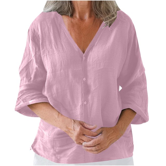 Timegard Womens Summer Tops V-Neck 3/4 Sleeve Button down Solid Color Lightweight Casual Loose Tops