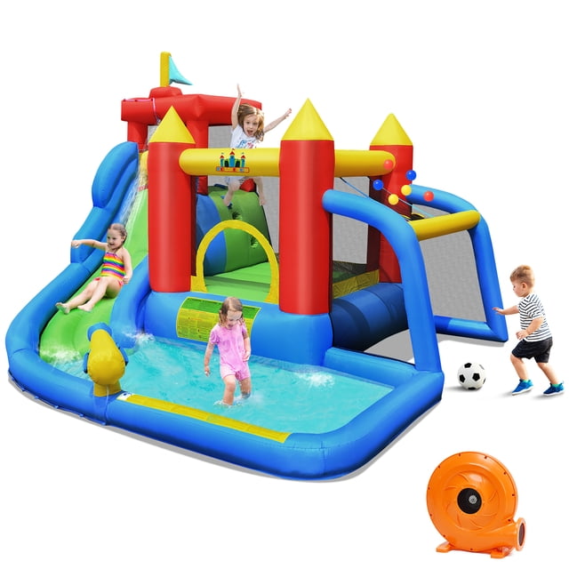 Costway Glissoire Gonflable pour Escalade, Maison Rebondissante avec Soufflerie. Cette structure de Jeu Gonflable Multicolore Comprend une Glissoire d'Eau, un Mur d'Escalade, une Aire de Saut, une Piscine Éclaboussante, une Aire de Tir à Balles, un Canon à Eau, un But de football et une Aire de Tir. Fabriquée en Tissu Oxford durable 420D et 840D, Elle Est Résistante aux Perforations et Conçue pour les Enfants de 3 à 10 Ans. le Transat Comprend des Clôtures de Sécurité, un Souffleur d'Air 7